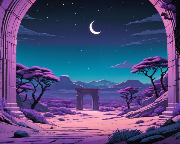 Serene landscape with archways under a crescent moon