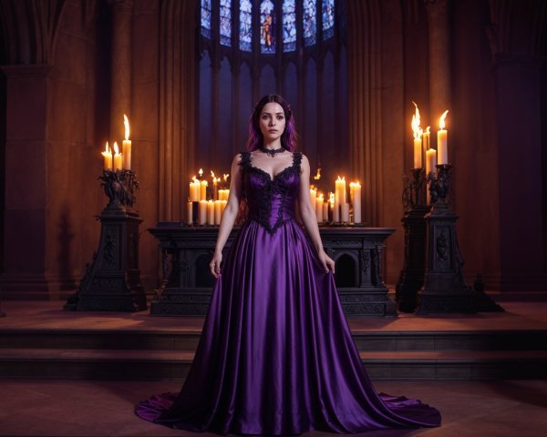 Elegant Woman in Purple Gown in Gothic Room