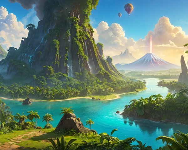 Breathtaking Mountain Landscape with River and Balloons