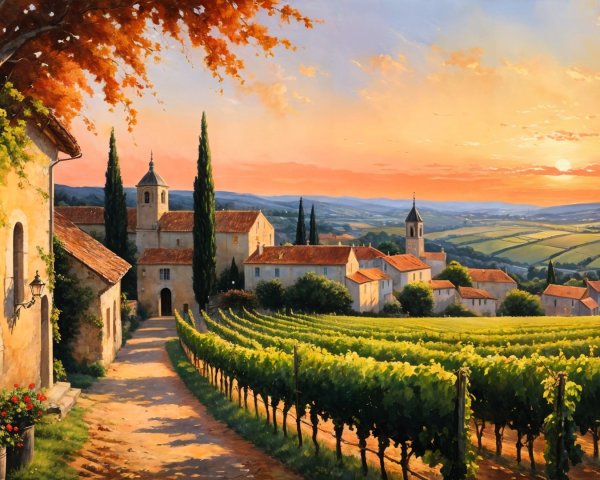 Countryside Sunset with Vineyards and Village Charm