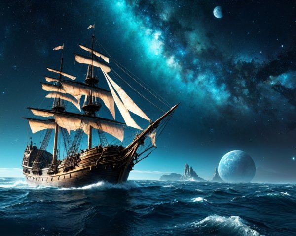 Majestic Sailing Ship in Cosmic Waters with Stars