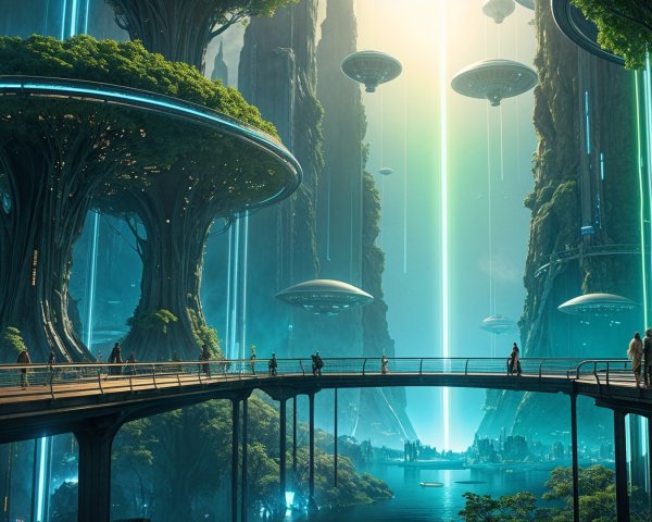 Futuristic landscape with neon lights and towering trees