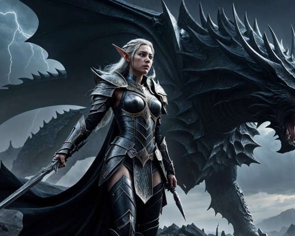Fierce Warrior in Armor with Menacing Dragon Background