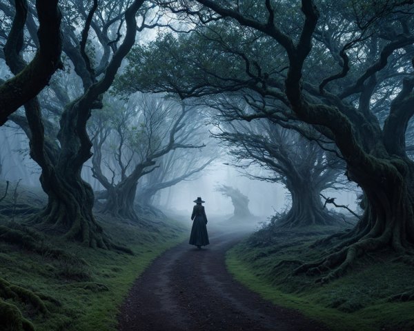 Mysterious Cloaked Figure in Misty Forest Path