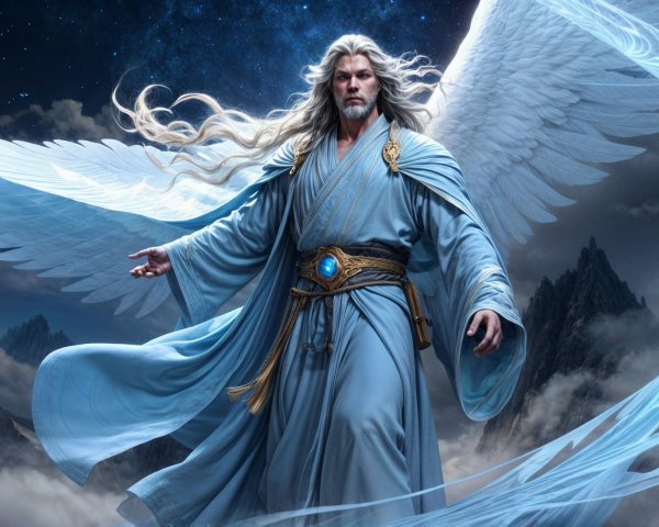 Majestic figure with wings in celestial sky setting