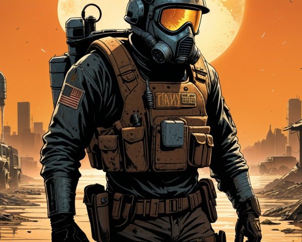 Rugged soldier in post-apocalyptic urban landscape