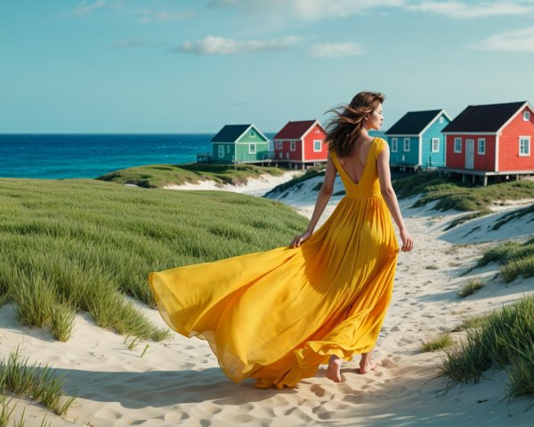 Woman in Yellow Dress on Sandy Path by Beach Houses