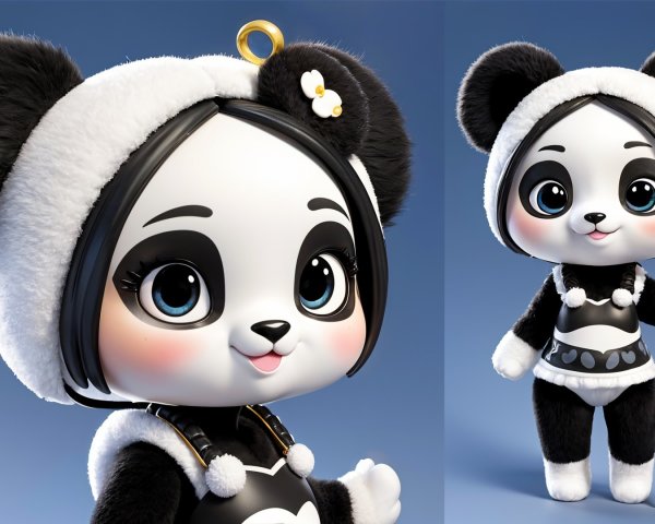 Anthropomorphic panda character in playful attire