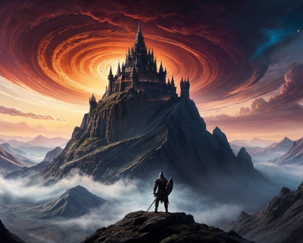 Knight on Outcrop with Castle and Fiery Vortex Sky