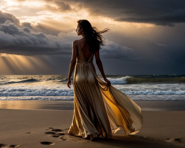 Woman in golden dress on beach with dramatic clouds