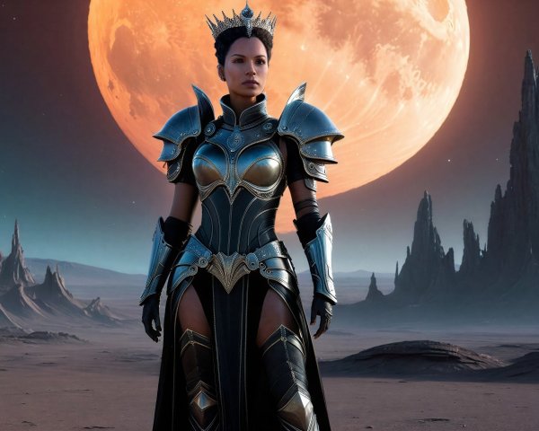 Female warrior queen in armor in alien landscape
