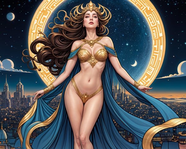 Goddess figure in golden attire against glowing moon