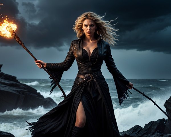 Fierce Woman with Torch on Rocky Shores Under Stormy Sky