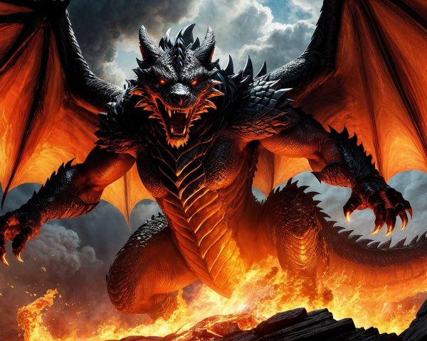 Muscular dragon with black scales in a lava landscape