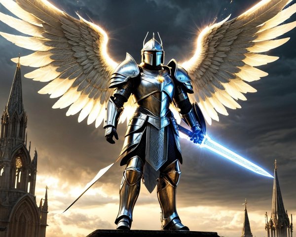 Armored Knight with Ethereal Wings and Glowing Sword