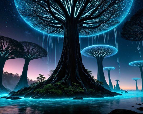 Surreal Landscape with Glowing Trees and Twilight Sky