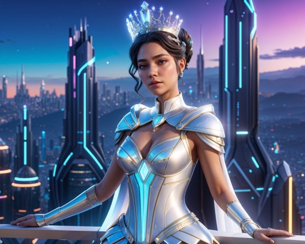 Futuristic heroine on balcony overlooking illuminated city