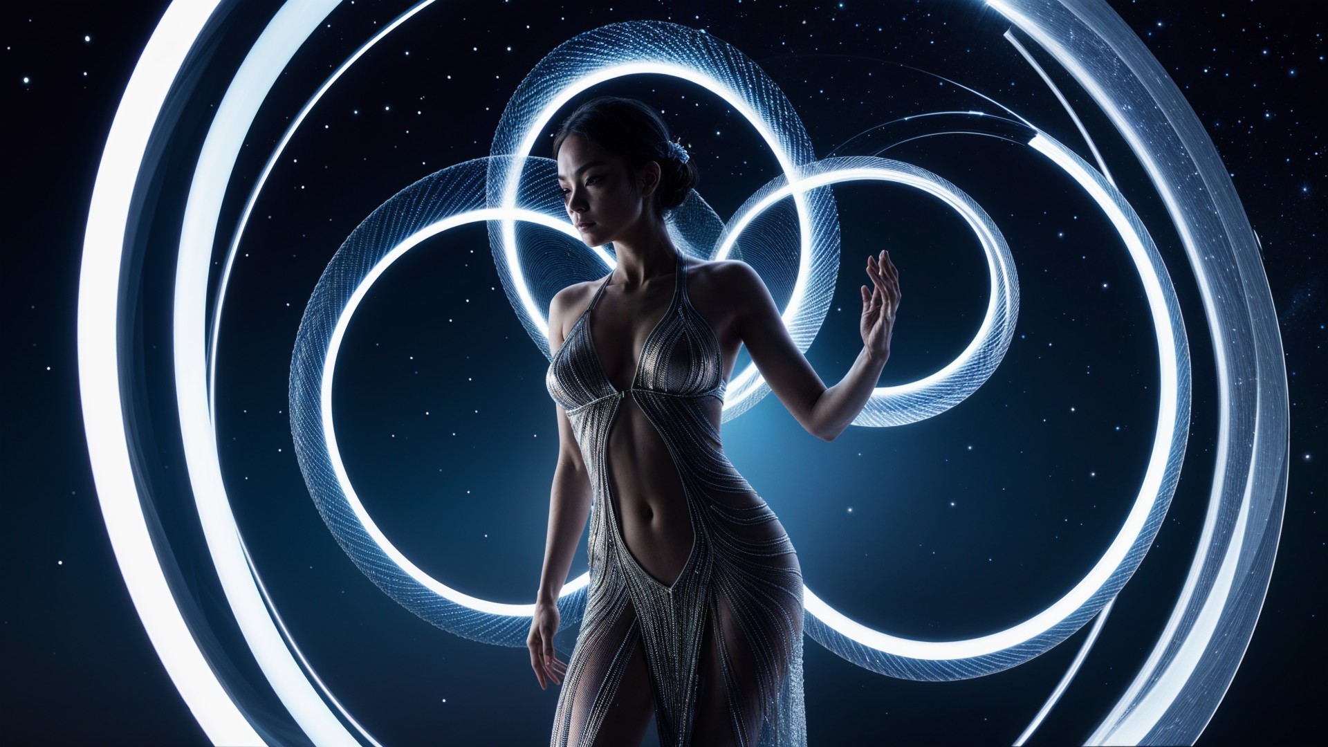 Ethereal Figure in Translucent Gown Against Stars