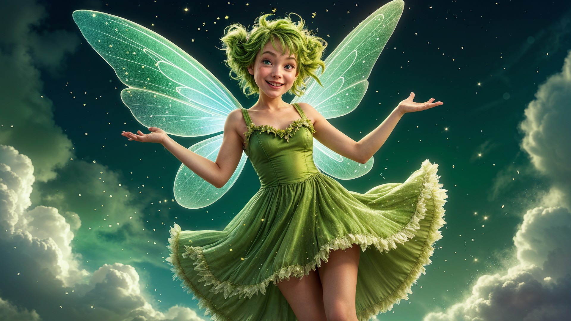 Whimsical Fairy with Green Hair in Dreamy Night Sky
