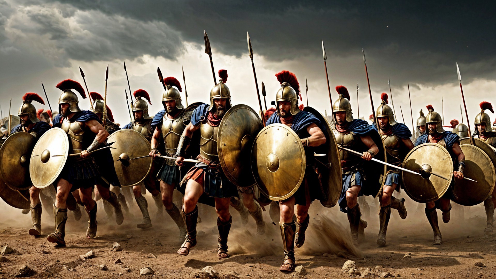 Ancient Warriors in Bronze Armor Charge Across Terrain