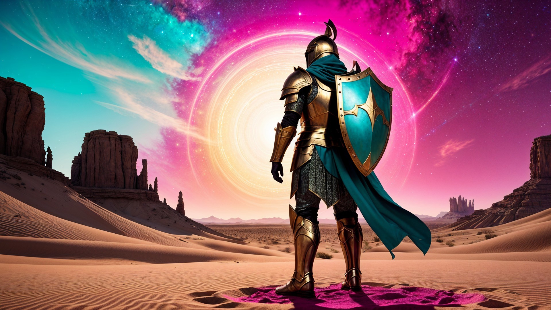 Golden-armored knight in desert with cosmic portal