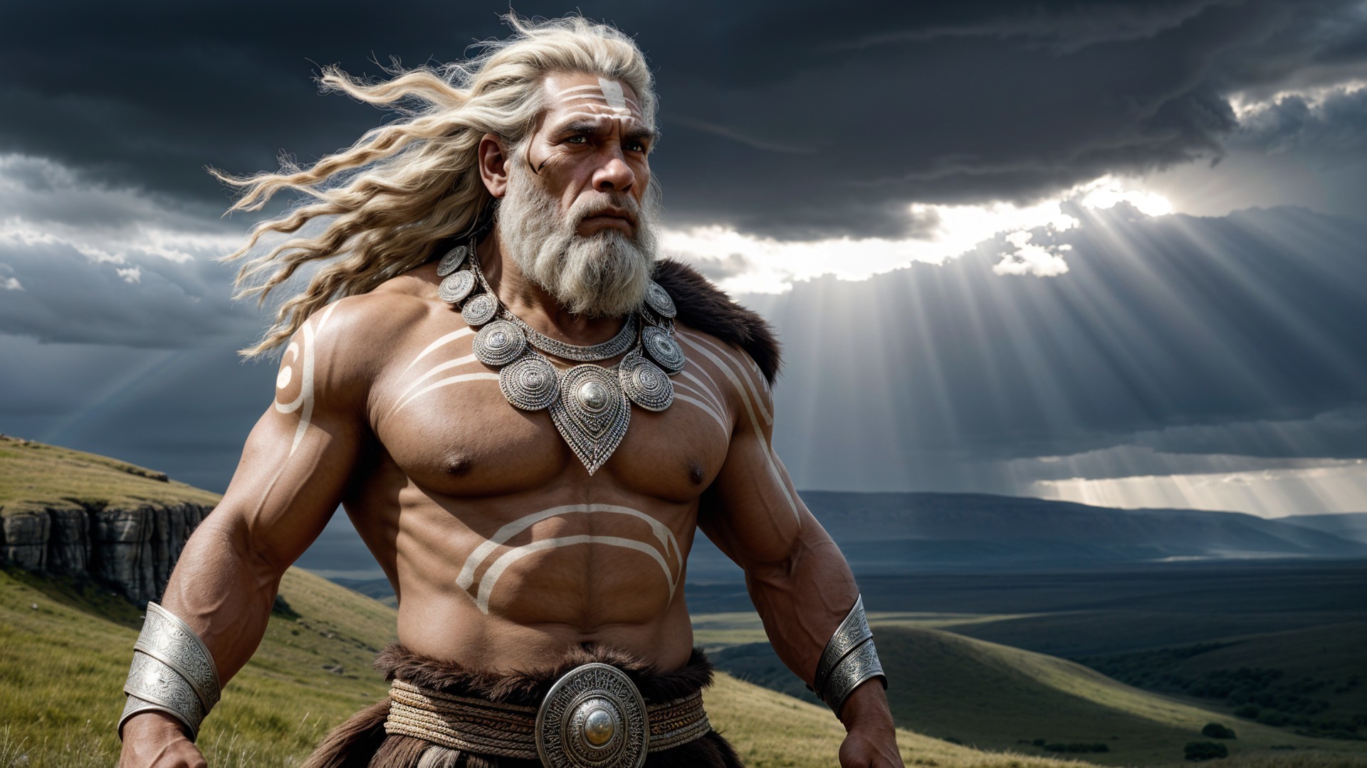 Warrior in a Dramatic Sky with Tribal Markings
