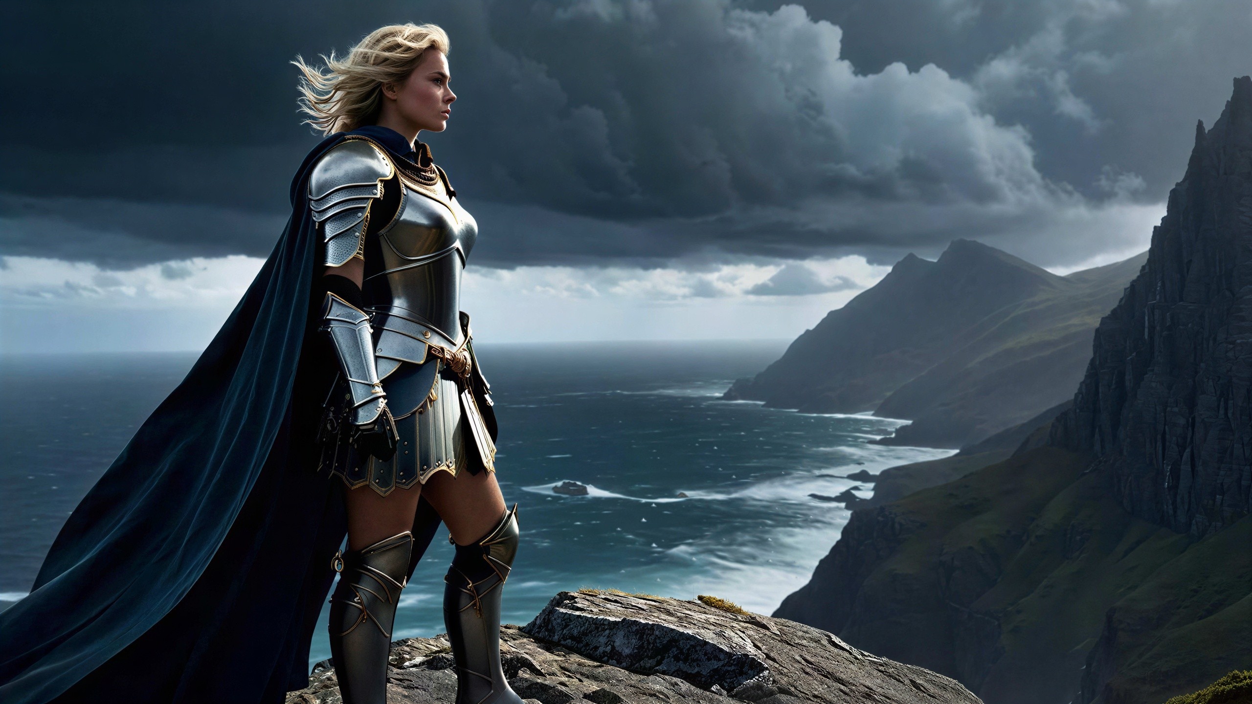 Woman in Silver Armor on Cliff Overlooking Ocean