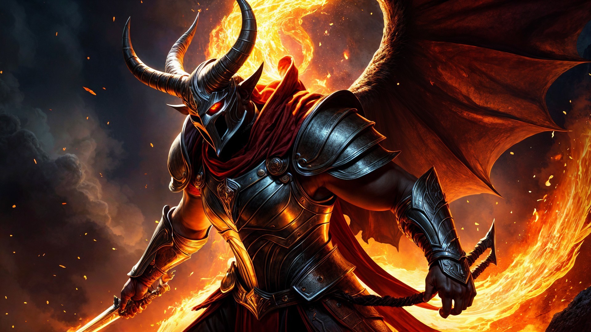 Armored warrior with horned helmet and fiery backdrop