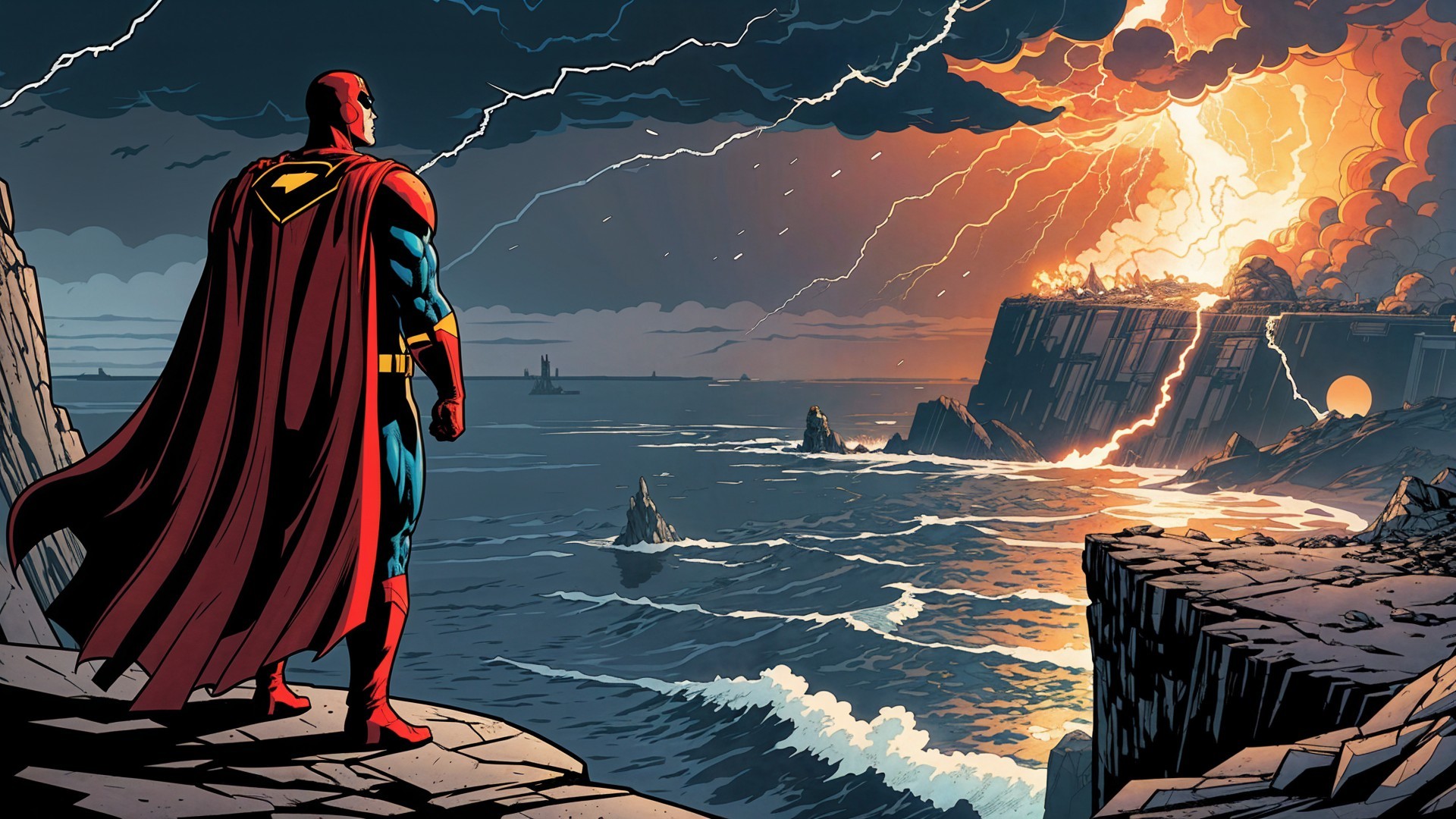 Heroic Figure on Cliff Overlooking Turbulent Ocean