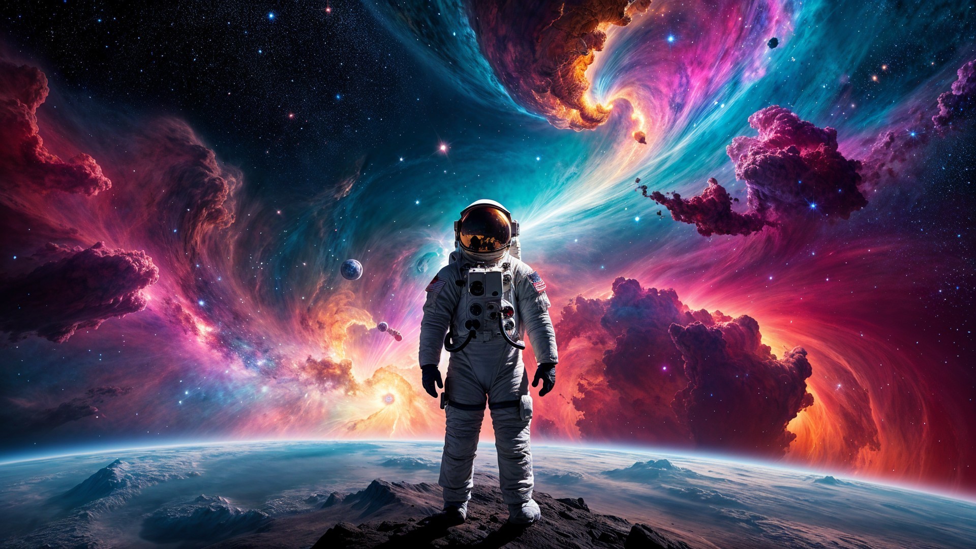 Astronaut on Rocky Surface in Cosmic Landscape