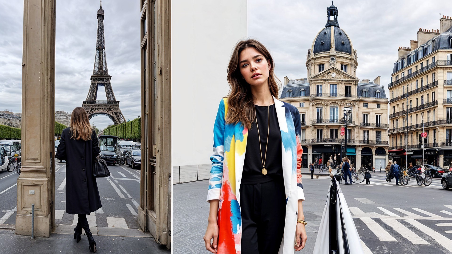 Woman in Black Coat by Eiffel Tower in Paris