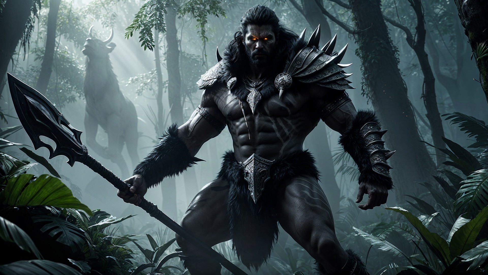 Muscular Warrior in Spiked Armor in Dense Jungle