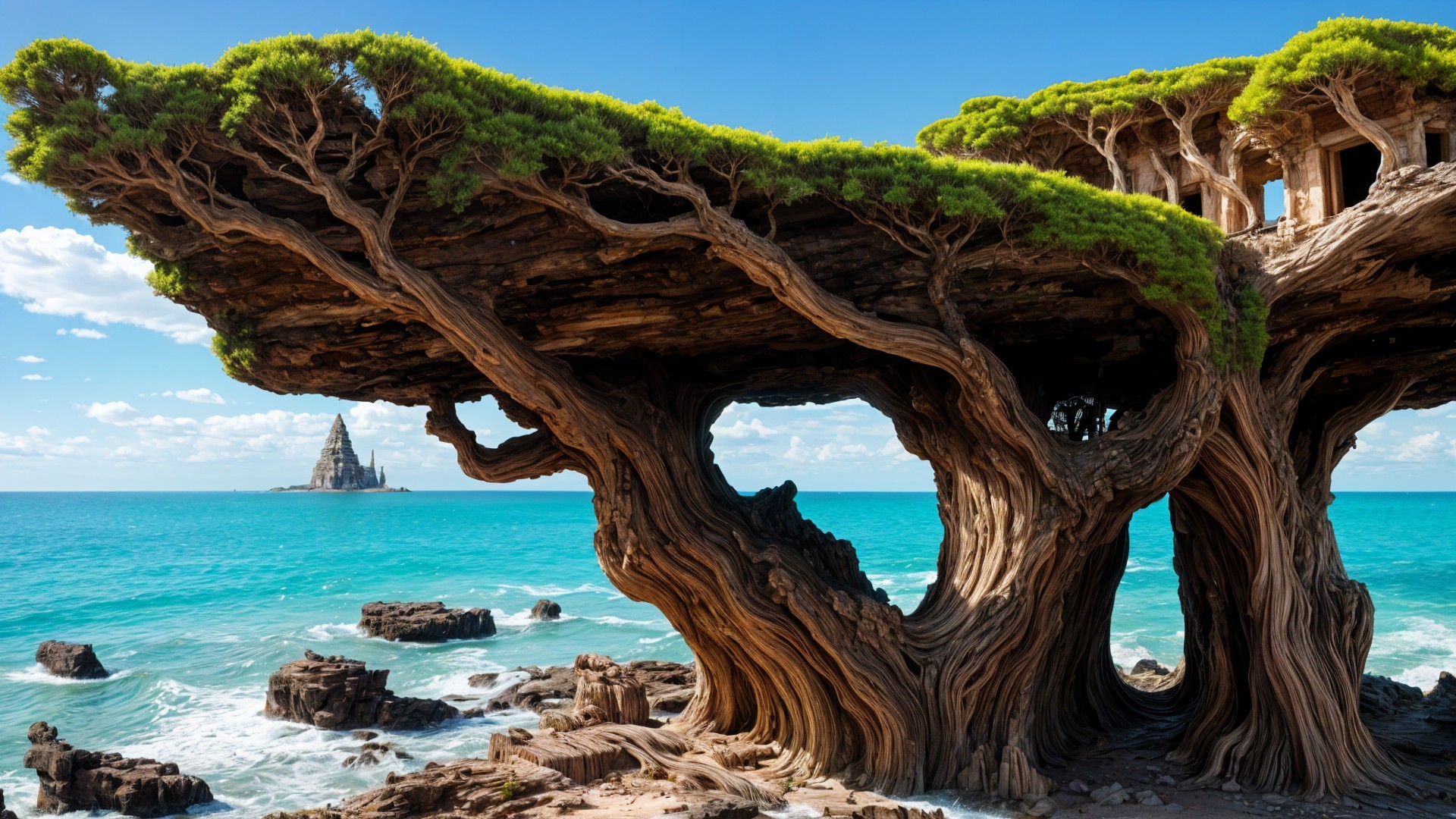 Enchanted Landscape with Gnarled Tree and Ocean Spire