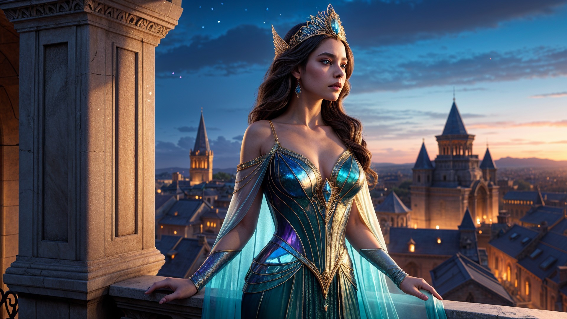 Regal Figure Overlooking Cityscape at Dusk