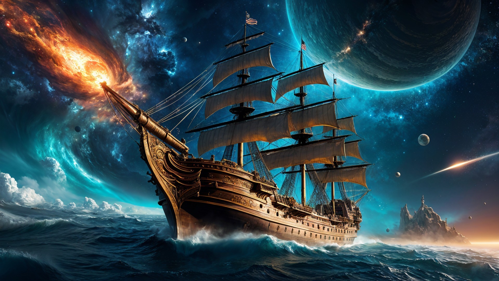 Majestic Ship in Vibrant Cosmic Scene with Galaxies