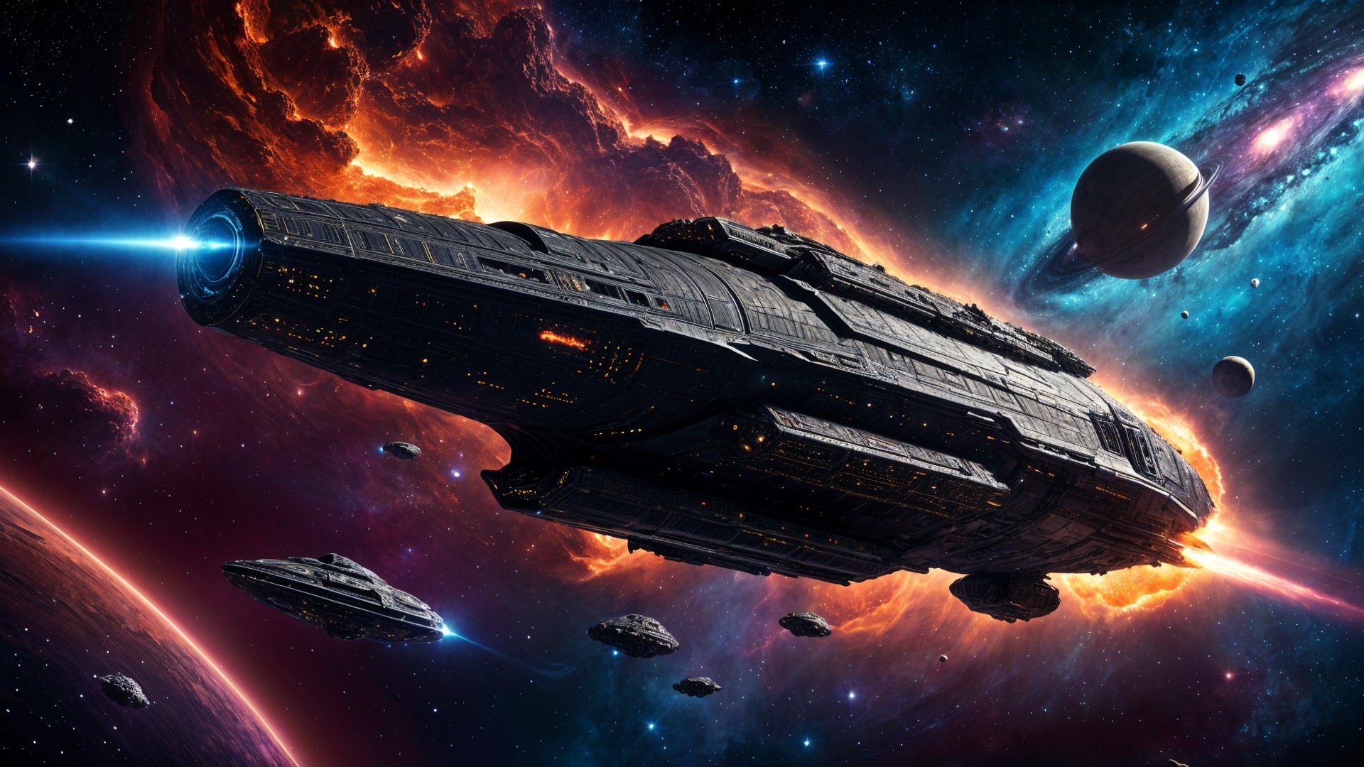 Futuristic Spaceship in Vibrant Cosmic Landscape