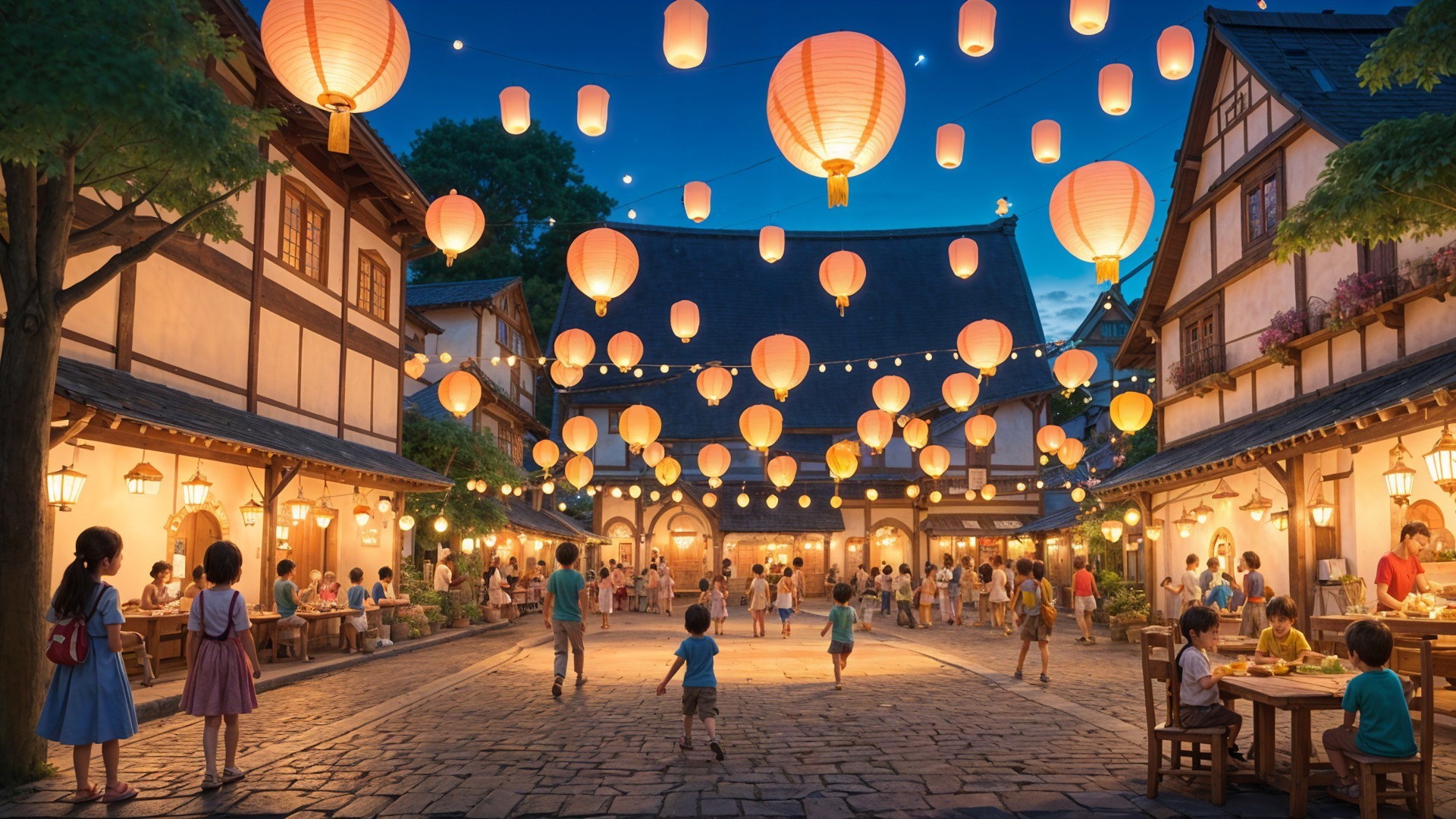 Evening Scene in a Village Square with Lanterns