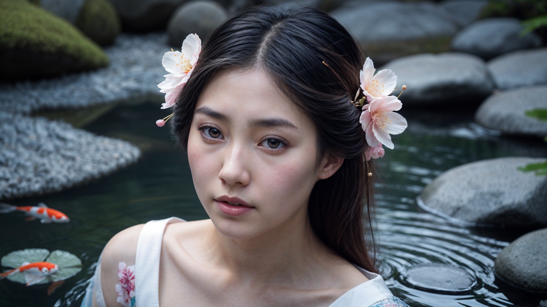 Young Woman in Tranquil Pond Setting with Koi Fish