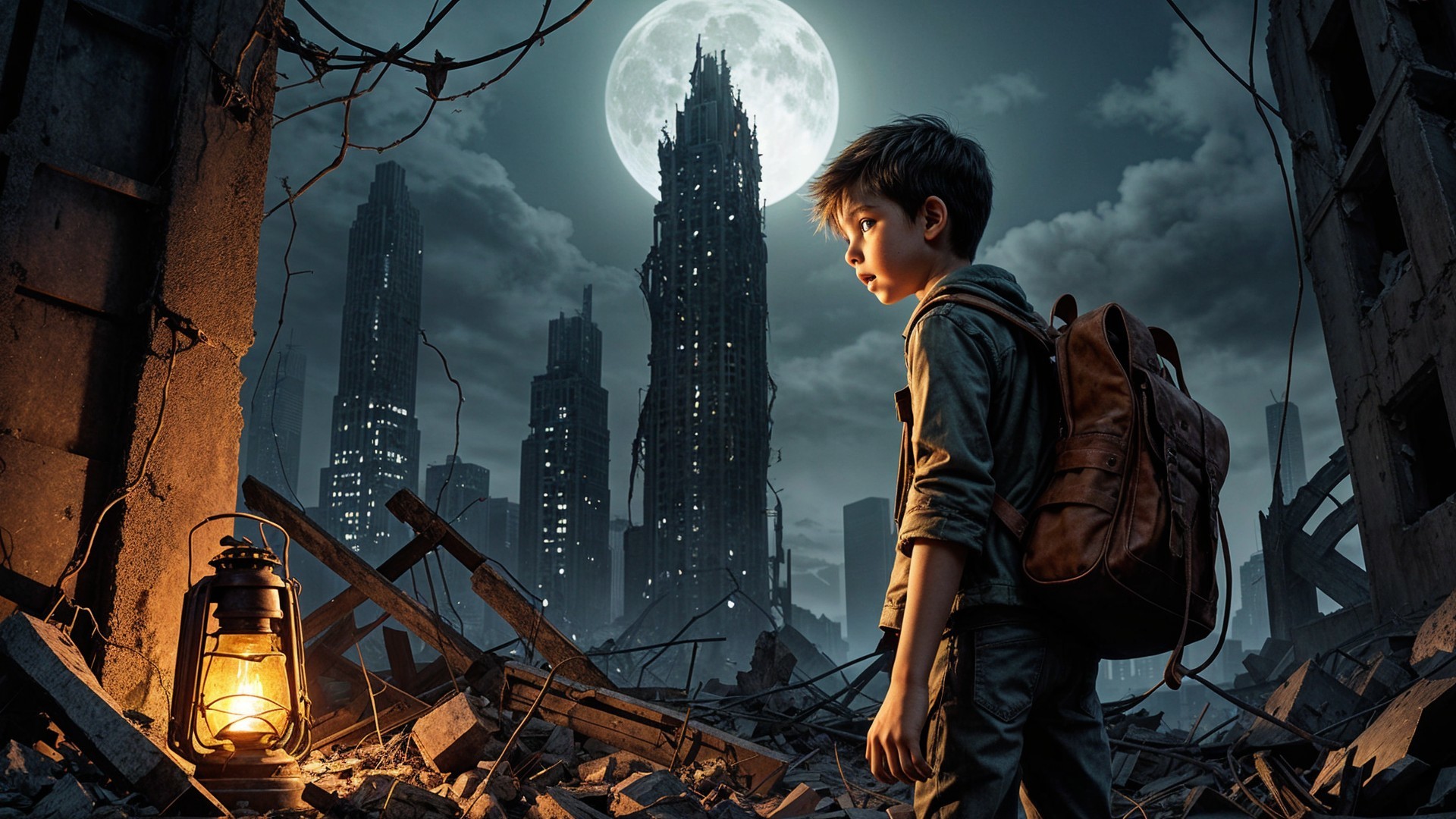 Young Boy in Dystopian Urban Landscape at Night