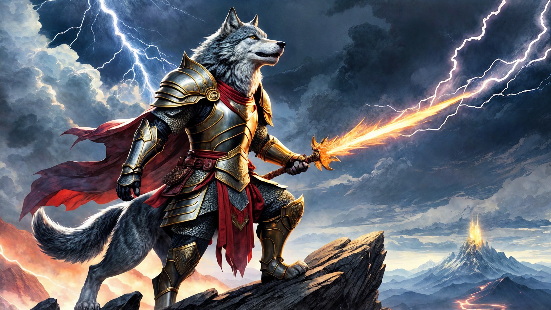Majestic Wolf Warrior in Ornate Armor on Summit