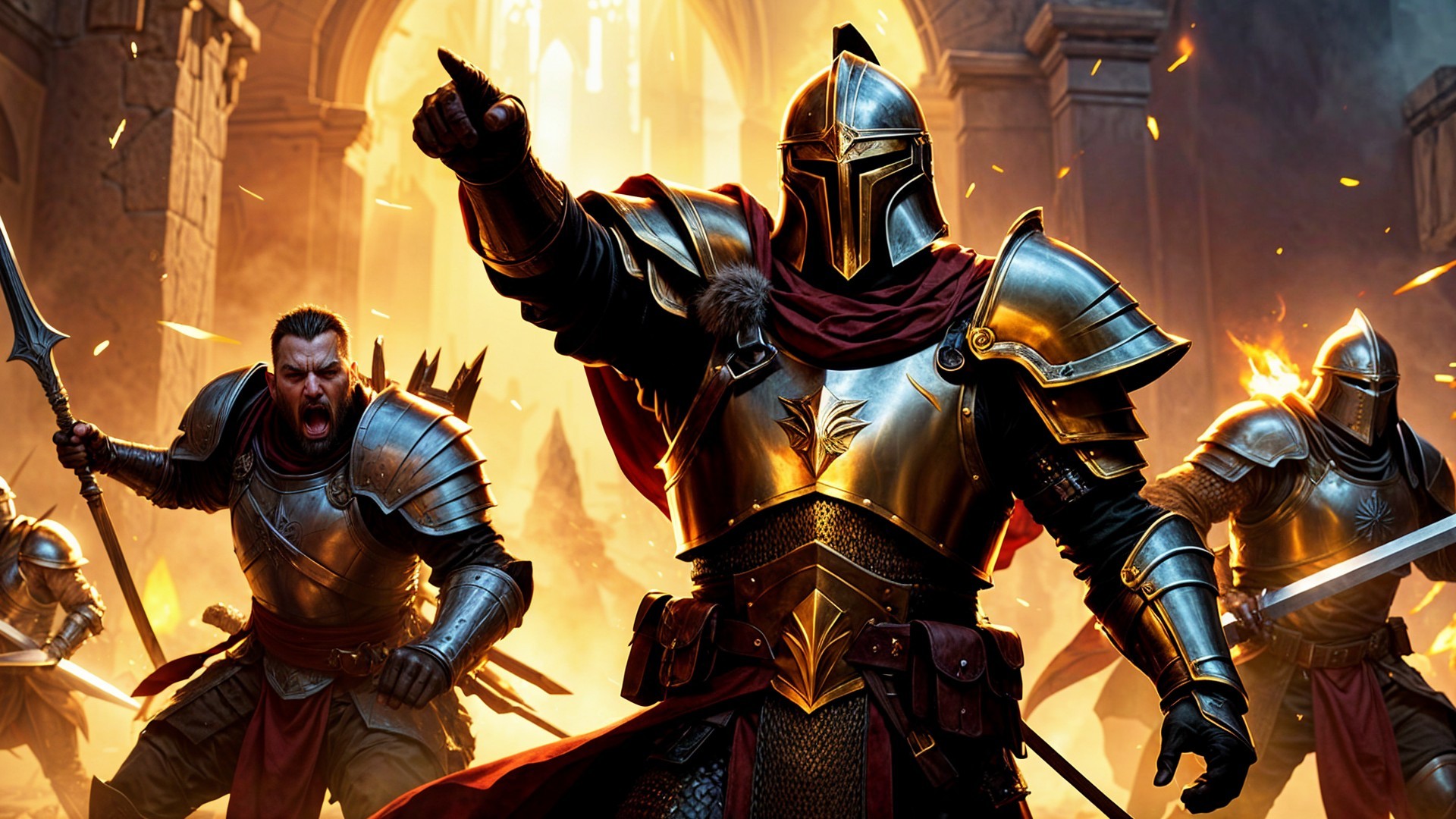 Armored Knights in Fiery Medieval Battle Scene