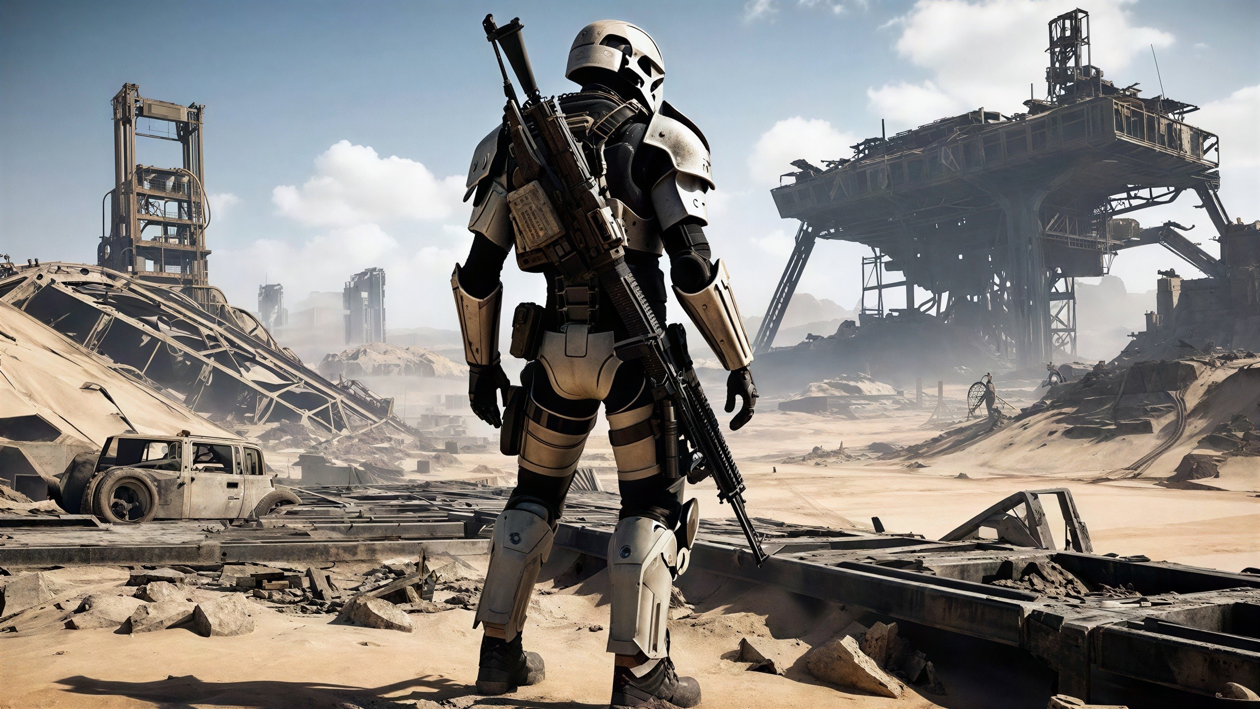 Sci-fi soldier in detailed armor in sandy wasteland