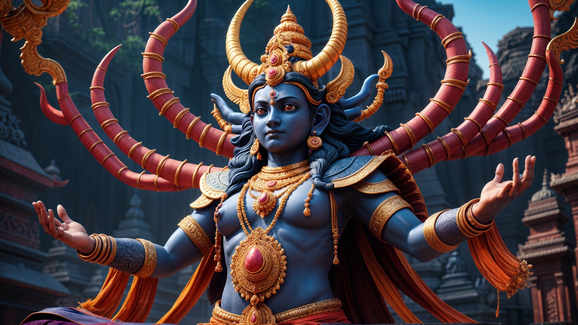 Majestic Blue-Skinned Deity Statue in Ancient Temple