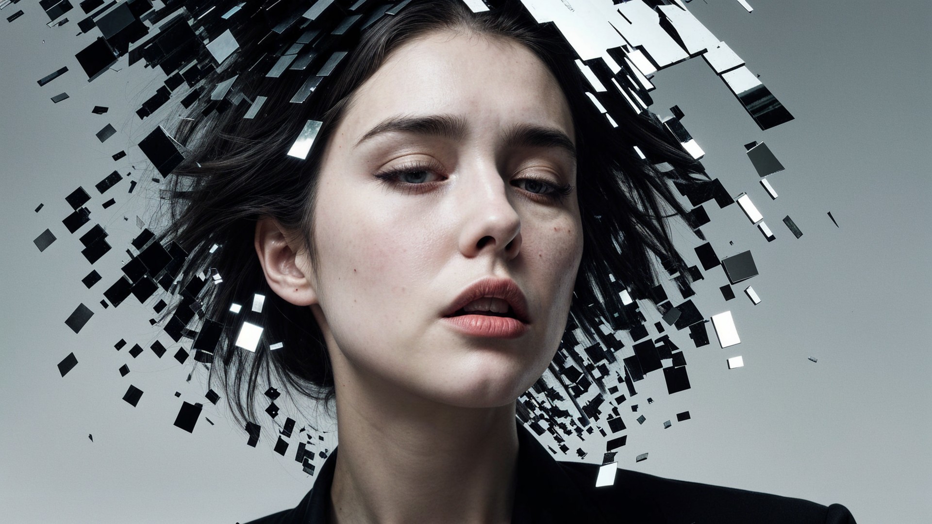 Portrait of a Woman with Dynamic Hair and Abstract Elements