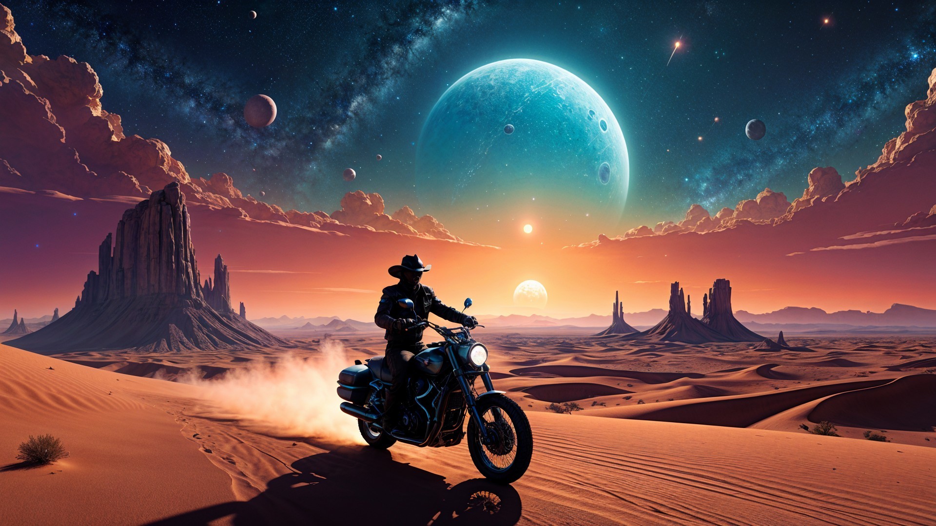 Motorcycle Journey Through a Cosmic Desert Landscape