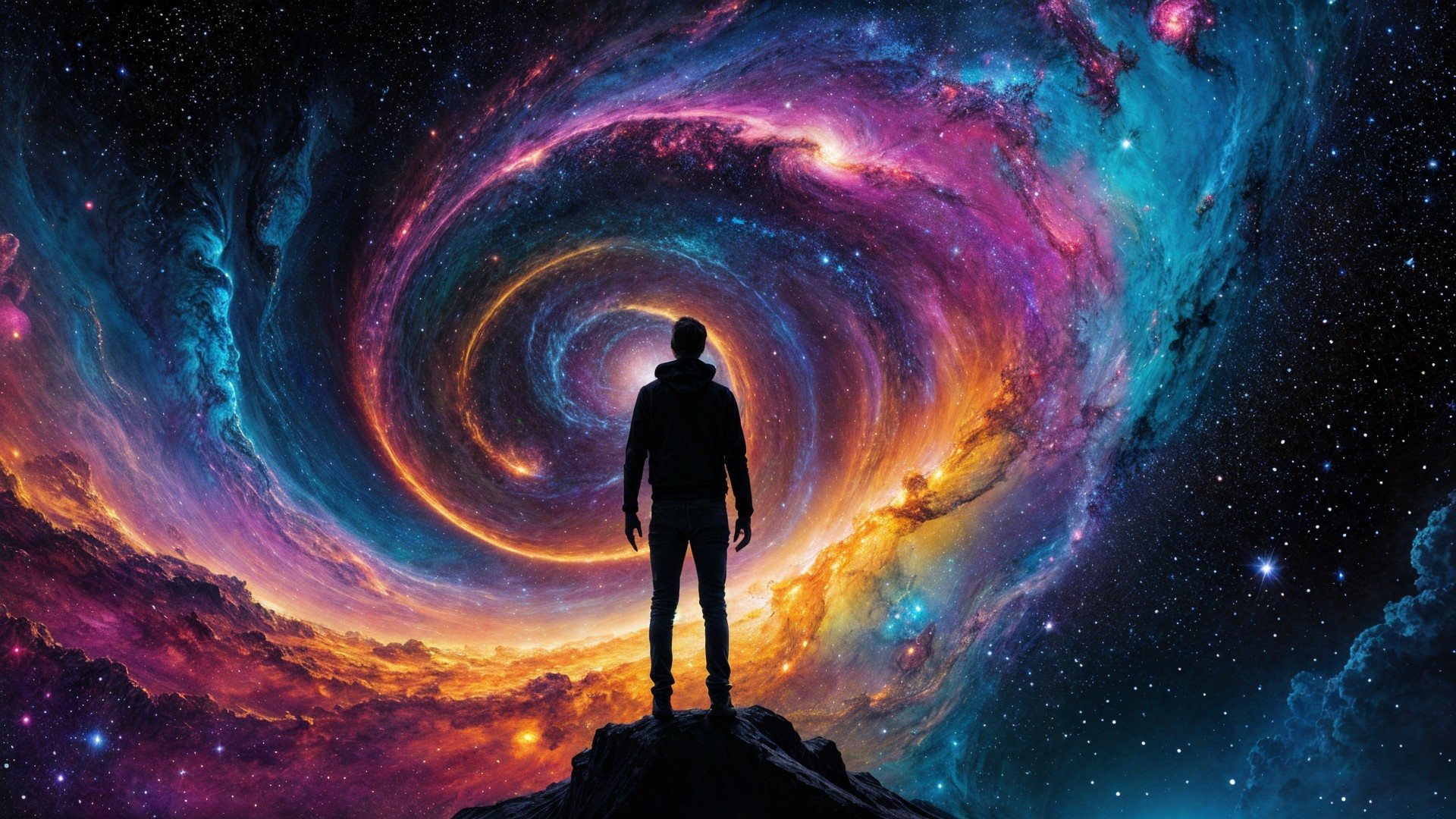 Solitary Figure Overlooking a Cosmic Scene