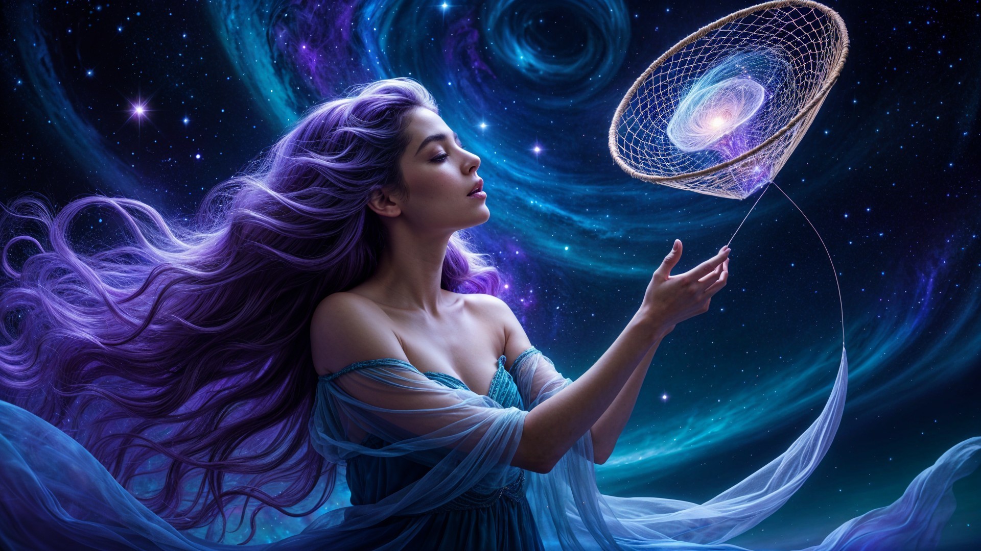 Young Woman with Purple Hair and Cosmic Net in Space
