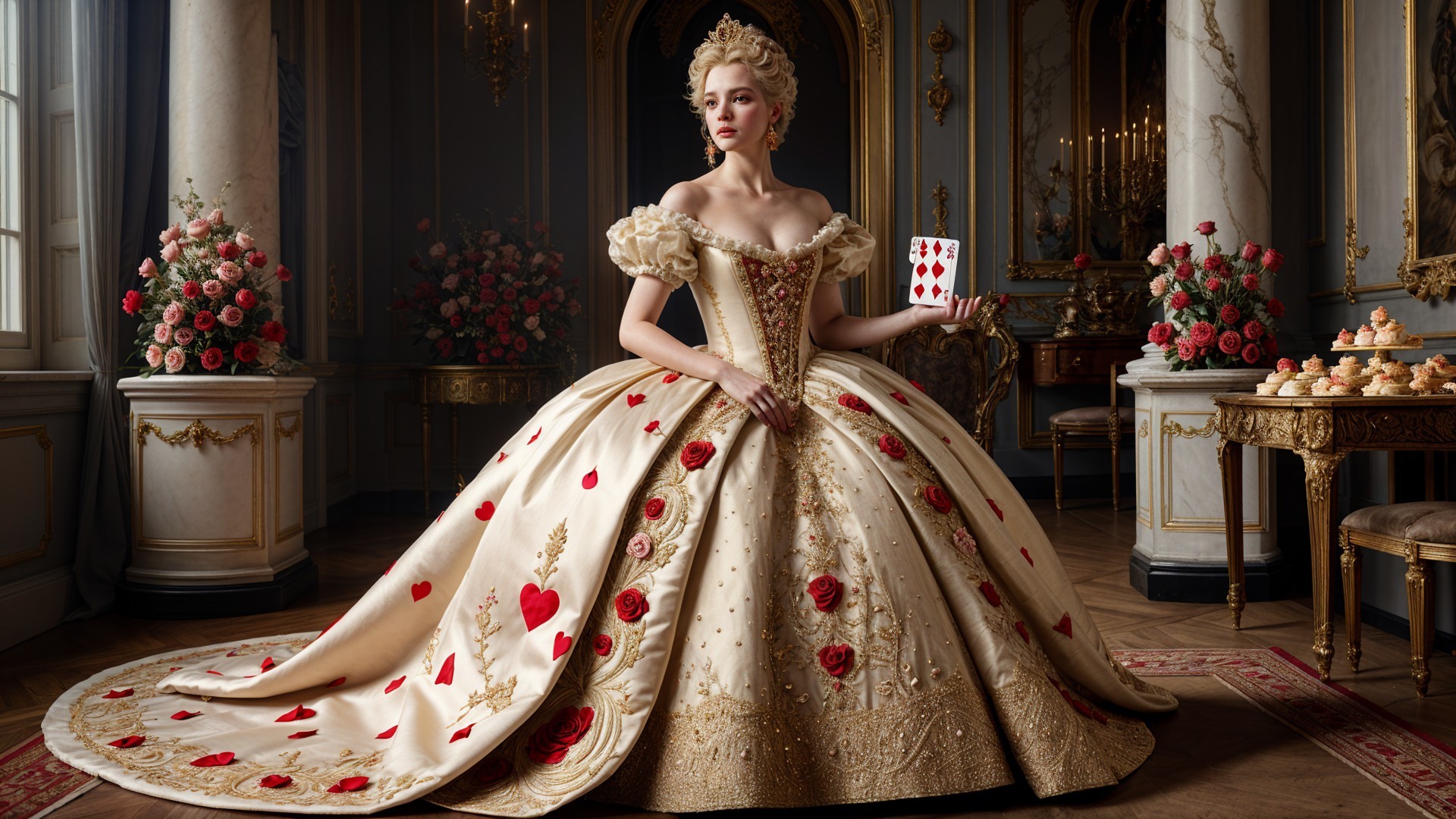 Regal Figure in Golden Gown at Lavish Ballroom