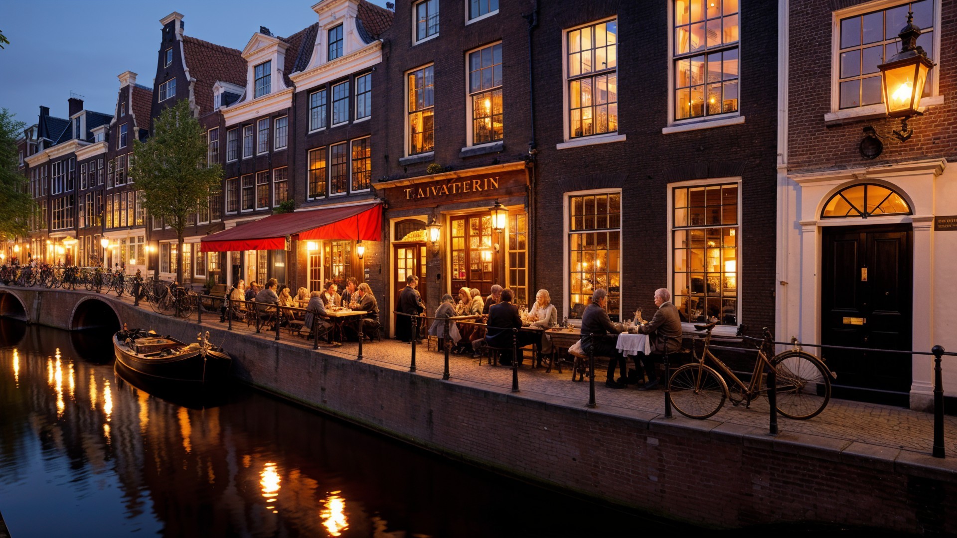 Charming Amsterdam Canal Scene at Dusk with Diners