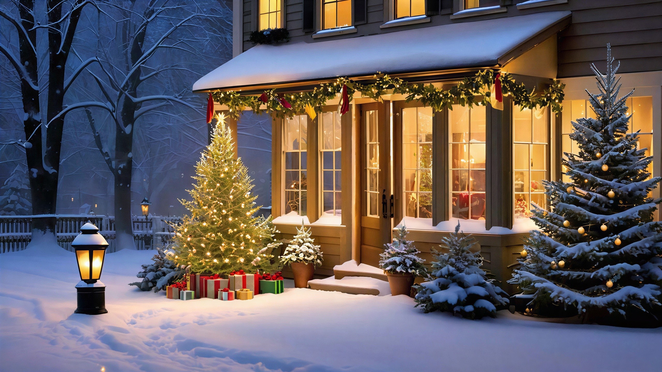 Cozy Winter Evening Scene with Decorated House